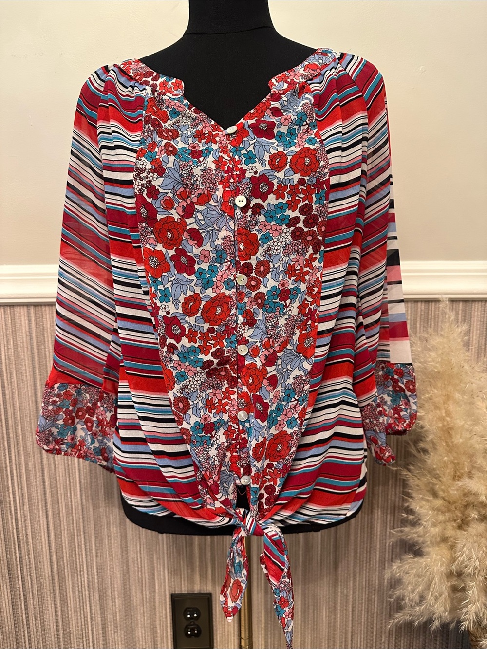 Figueroa & Flower Mixed Print Tie Front Blouse Size Large Boho Floral Sheer